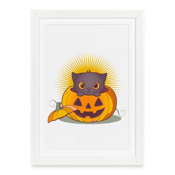 Halloween Chat dans la citrouille : un plaisir effrayant et sucré - Affiche encadrée (27 × 37 cm) - blanc - Devant