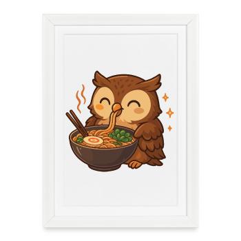 Hibou aux nouilles, ramen, kawaii chouette - Affiche encadrée (27 × 37 cm) - blanc - Devant