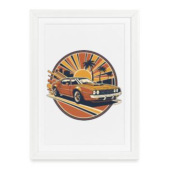 Palmiers rétro de voitures au coucher du soleil - Affiche encadrée (27 × 37 cm) - blanc - Devant