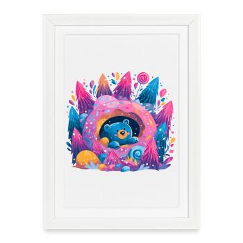 Ours dans Donut Dream Forêt de néons - Affiche encadrée (27 × 37 cm) - blanc - Devant