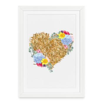 Cœur de paille avec des fleurs printanières - Affiche encadrée (27 × 37 cm) - blanc - Devant