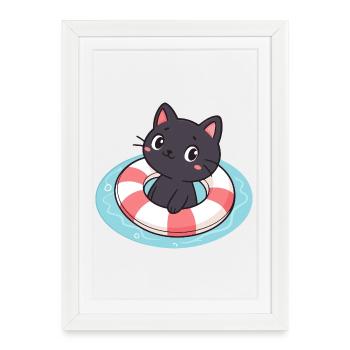 Chaton nageur sur bouée - Affiche encadrée (27 × 37 cm) - blanc - Devant