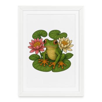 Grenouille Verdoyante parmi les lys lotus - Affiche encadrée (27 × 37 cm) - blanc - Devant