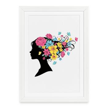 Tête de femme avec de longues fleurs, cheveux de papillon - Affiche encadrée (27 × 37 cm) - blanc - Devant