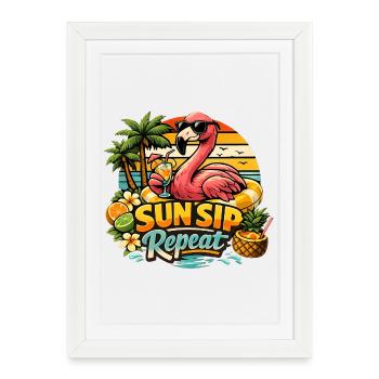 Répétition des vacances d’été des flamants au soleil - Affiche encadrée (27 × 37 cm) - blanc - Devant