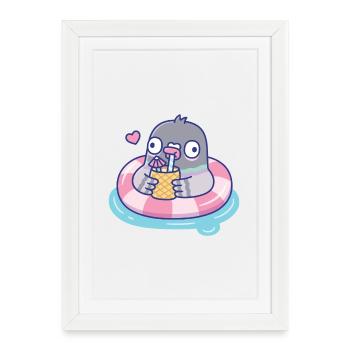 Cute Pigeon Sipping Tropical Drink in Pool Float - Framed poster (27 × 37 cm) - white - Front