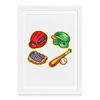 Mélange vibrant d’équipements de baseball - Affiche encadrée (27 × 37 cm) - blanc - Devant