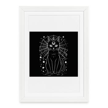 Chat Magique et Lune Croissante - Gothique Sorcière - Affiche encadrée (27 × 37 cm) - blanc - Devant