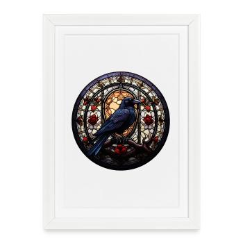 Munin le Corbeau | Motif du vitrail nordique - Affiche encadrée (27 × 37 cm) - blanc - Devant