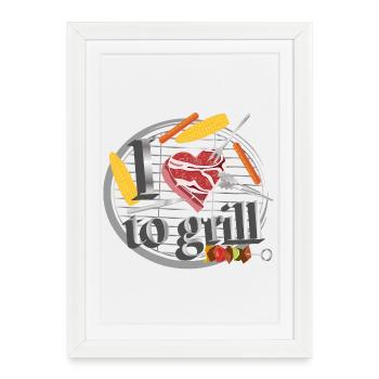 Un barbecue avec du maïs, des saucisses et de la viande en forme de cœur - Affiche encadrée (27 × 37 cm) - blanc - Devant