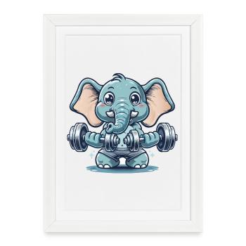 Cute cartoon elephant doing strength training - Framed poster (27 × 37 cm) - white - Front