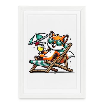 Cheerful cartoon fox on the beach on a lounger - Framed poster (27 × 37 cm) - white - Front
