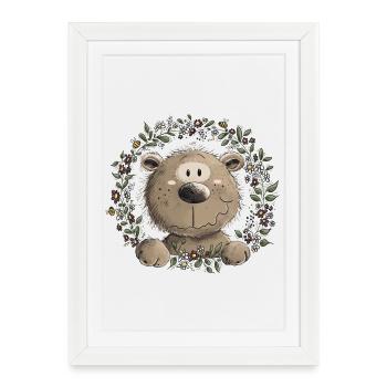 Droll Brown Bear Leaf Couronne Animal Sauvage Bande Dessinée - Affiche encadrée (27 × 37 cm) - blanc - Devant