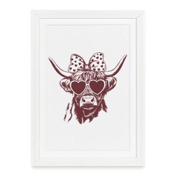 Highland Cow in Love – Design avec des lunettes en forme de cœur - Affiche encadrée (27 × 37 cm) - blanc - Devant