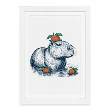 Capybara avec de l’orange sur la tête - Affiche encadrée (27 × 37 cm) - blanc - Devant