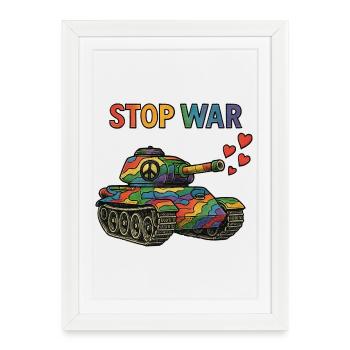Char arc-en-ciel avec signe de paix – STOP WAR - Affiche encadrée (27 × 37 cm) - blanc - Devant