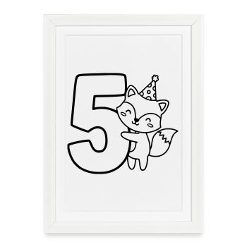 Party Fox with Number 5 Cartoon Illustration - Framed poster (27 × 37 cm) - white - Front