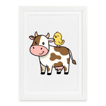 Vache mignonne avec amitié d’oiseau - Affiche encadrée (27 × 37 cm) - blanc - Devant