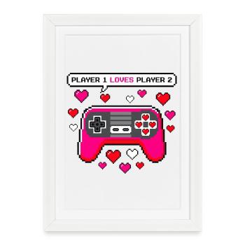 Player 1 Loves Player 2 Retro Video Game Valentine - Framed poster (27 × 37 cm) - white - Front