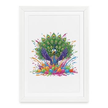 Peacock with Paint Slingshot Panorama - Framed poster (27 × 37 cm) - white - Front