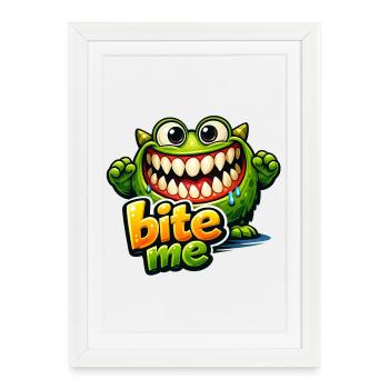 Green Funny Monster BiteMe Cartoon - Framed poster (27 × 37 cm) - white - Front