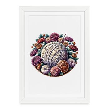 Boule de laine florale avec fleurs - Affiche encadrée (27 × 37 cm) - blanc - Devant