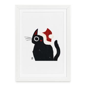 Chat noir avec chapeau de Père Noël - Affiche encadrée (27 × 37 cm) - blanc - Devant