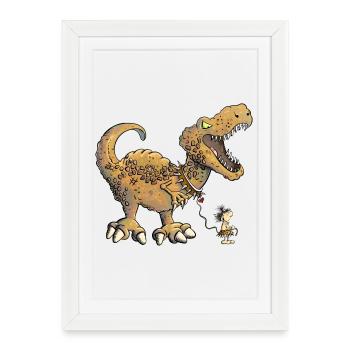L’homme préhistorique marche avec le dinosaure Dino I - Affiche encadrée (27 × 37 cm) - blanc - Devant