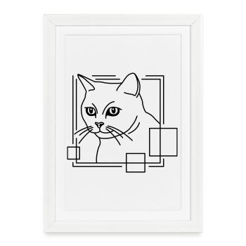 Cat in Geometric Shape - Line Art Design - Framed poster (27 × 37 cm) - white - Front