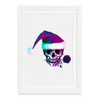 Crâne néon avec chapeau de Noël - Affiche encadrée (27 × 37 cm) - blanc - Devant