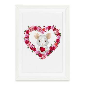 Souris blanche avec coeur de roses pour la Saint-Valentin - Affiche encadrée (27 × 37 cm) - blanc - Devant