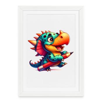 Dino Kawaii avec Crayon Mignon Dinosaure Enfant - Affiche encadrée (27 × 37 cm) - blanc - Devant
