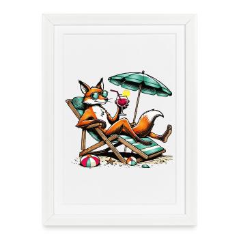 Cool cartoon fox on the beach on a lounger - Framed poster (27 × 37 cm) - white - Front