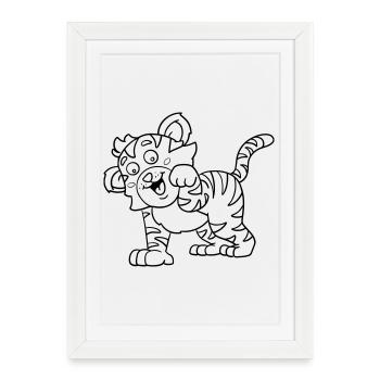Page à colorier Tiger Kawaii illustrée à la main - Affiche encadrée (27 × 37 cm) - blanc - Devant