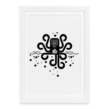 Cartoon Octopus with Hearts Embracing a Boat Illus - Affiche encadrée (27 × 37 cm) - blanc - Devant