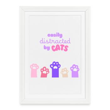 Facilement distrait par les chats - Design amusant - Affiche encadrée (27 × 37 cm) - blanc - Devant