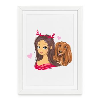 Jolie fille aux cornes rouges avec son ami le chien - Affiche encadrée (27 × 37 cm) - blanc - Devant