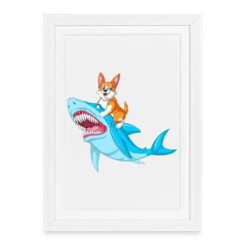 Chemise drôle d’animal drôle de requin chevauché de corgi - Affiche encadrée (27 × 37 cm) - blanc - Devant