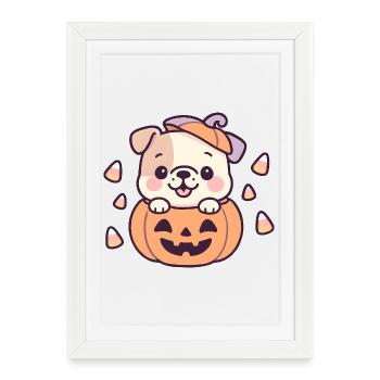 Chien mignon dans citrouille Halloween - Affiche encadrée (27 × 37 cm) - blanc - Devant