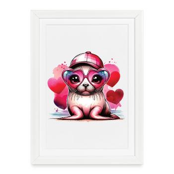Lunettes bébé phoque coeur Kawaii phoque - Affiche encadrée (27 × 37 cm) - blanc - Devant