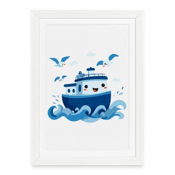 Joyeuse Bateau Bleu en Mer - Affiche encadrée (27 × 37 cm) - blanc - Devant