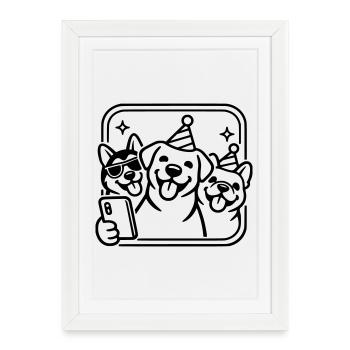 Chiens de fête Selfie Dessins en ligne minimalistes - Affiche encadrée (27 × 37 cm) - blanc - Devant
