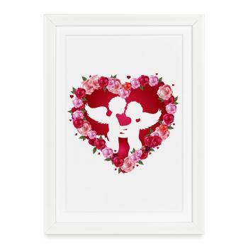 Des anges qui embrassent dans un cadre de roses en forme de cœur - Affiche encadrée (27 × 37 cm) - blanc - Devant