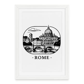 Panorama urbain avec cathédrale et pont - Lettrage de Rome - Affiche encadrée (27 × 37 cm) - blanc - Devant