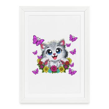 Un baiser de chat dans une couronne florale - Affiche encadrée (27 × 37 cm) - blanc - Devant