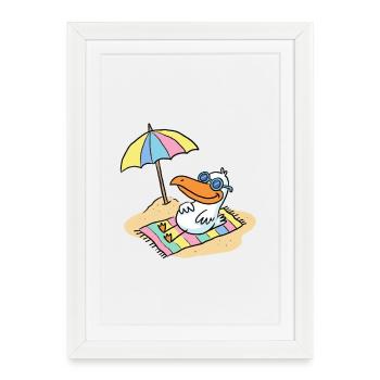Oiseau du soleil sur la plage avec parasol - Affiche encadrée (27 × 37 cm) - blanc - Devant