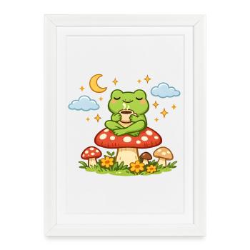 Grenouille douce sur champignon – Ambiance nuit douillette - Affiche encadrée (27 × 37 cm) - blanc - Devant