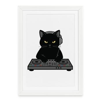 DJ Scratch Chat Musique Platine - Affiche encadrée (27 × 37 cm) - blanc - Devant