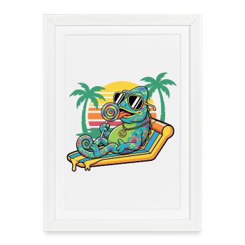 Caméléon dans le motif humoristique des vacances de plage d’été - Affiche encadrée (27 × 37 cm) - blanc - Devant