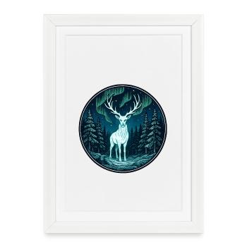 Cerfs aurores dans la forêt nocturne - Affiche encadrée (27 × 37 cm) - blanc - Devant